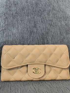 CHANEL Quilted Caviar Leather Wallet in Beige with Gold Hardware